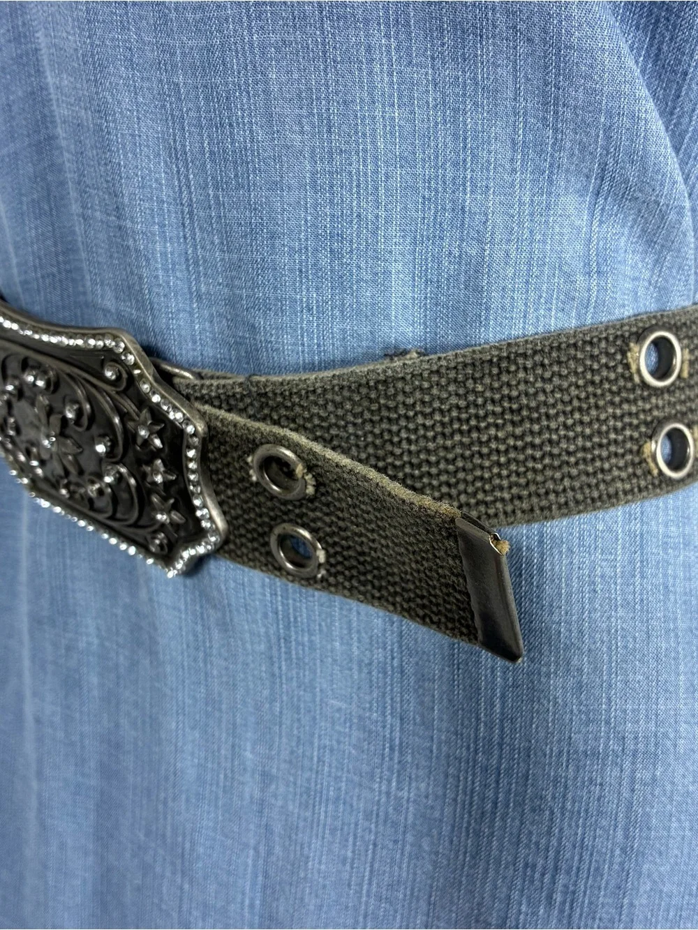 Womens belt 41” long floral buckle with rhinestones *some flaws, see all pics